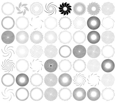 Döndürme, çevirme ve sarmal set. Döngüsel elementler vektör illüstrasyonunu ayarlar. Girdap, girdap ögesi koleksiyonu