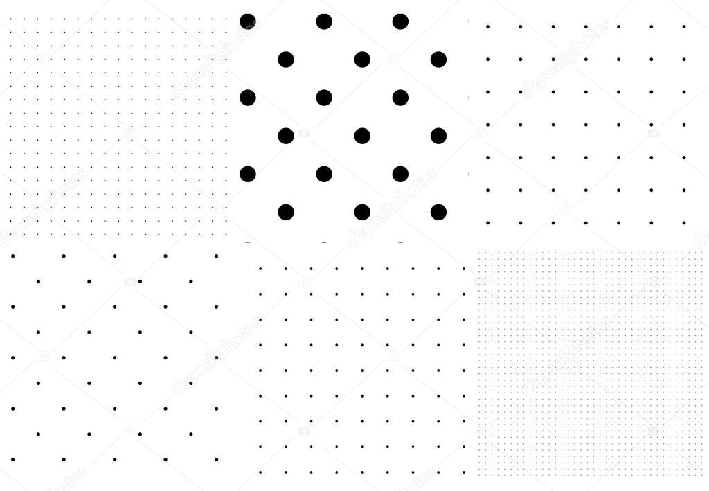 Black and white seamless circles, dots, speckles pattern set. Monochrome stipple, stippling, halftone background set. Vector