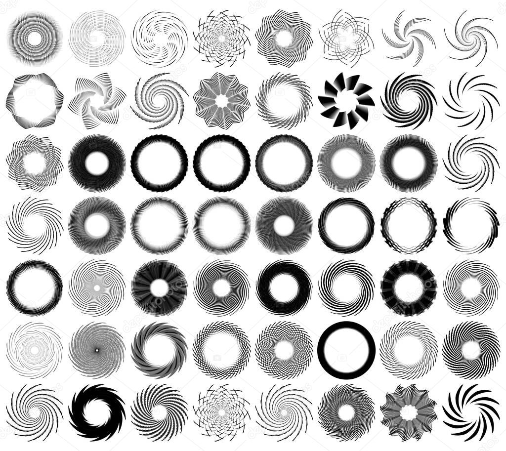 Swirl, twirl and spiral set. Cyclic elements set vector illustration. Whirligig, vortex element collection