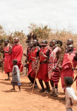 Kenya, Tsavo National Park, 03/20/2018 - Masai people in their village in traditional costume clipart