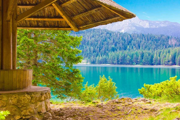 Göl, dağlar ve sahilde gazebo ormandan görünümünü