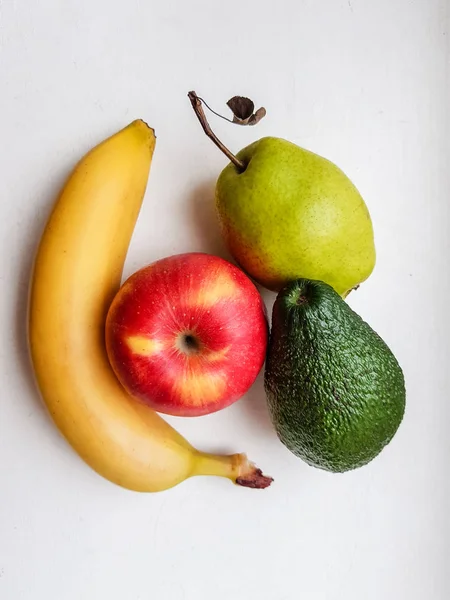 Apple Avocado Banana Pear White Table — Stock Photo, Image