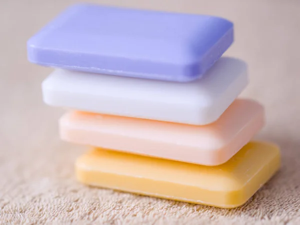Four Bars Soap Brown Towel — Stock Photo, Image
