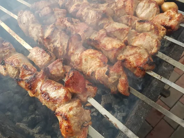 Close Achtergrond Van Varkensvlees Spiesjes Barbecue — Stockfoto