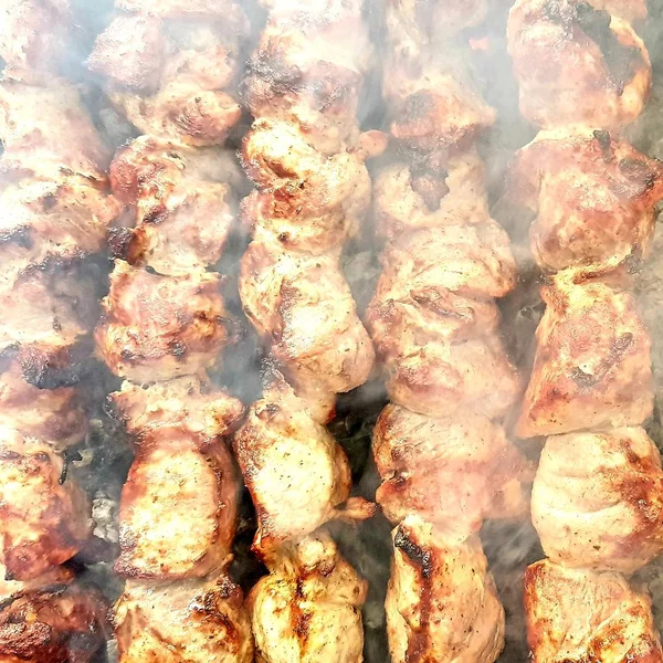 Close Achtergrond Van Varkensvlees Spiesjes Barbecue — Stockfoto