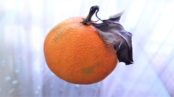 Mandarină Coaptă Două Frunze Întinse Masă Sticlă — Fotografie, imagine de stoc
