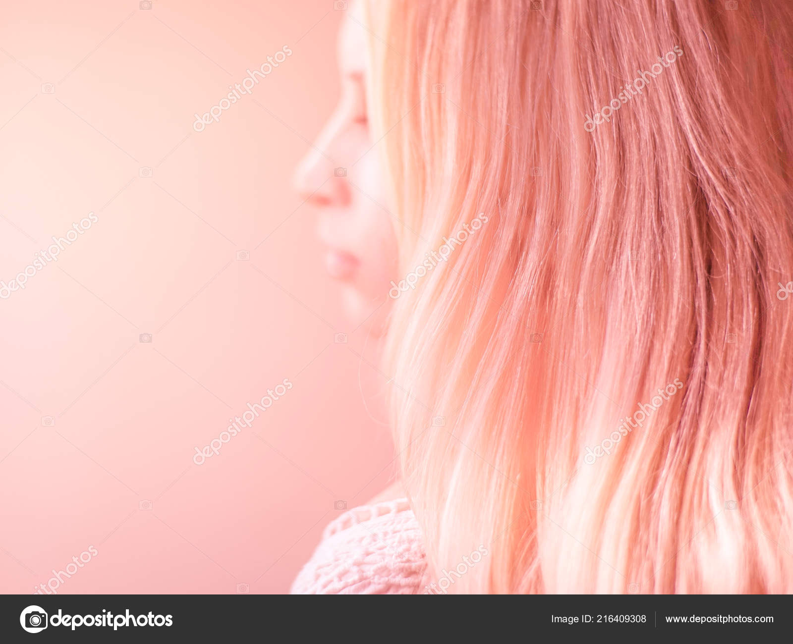 Beautiful Pink Hair Pink Pastel Background Side View Portrait