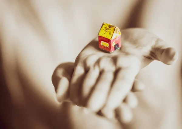 Small Toy Rural House Female Hands — Stock Photo, Image