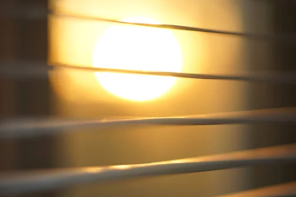 Sunset sun behind horizontal blinds, macro shot.