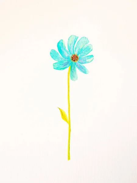 Blue watercolor-painted flower with green stem and leaf on white paper