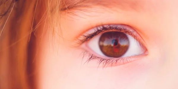 Brown eye of red-haired girl, macro shot — Stock Photo, Image