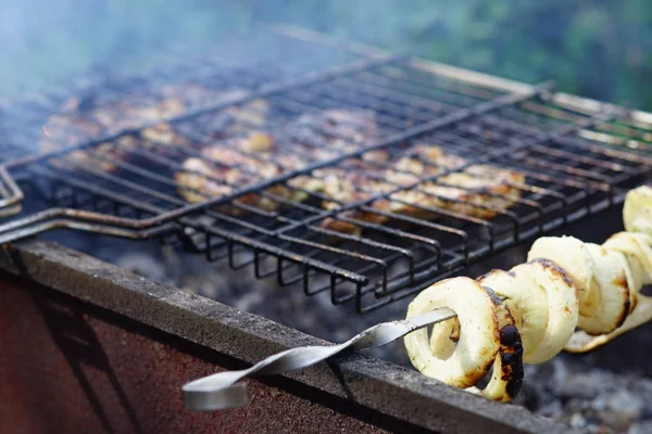 Cibulové kroužky a velké kousky masových steaků na grilu — Stock fotografie