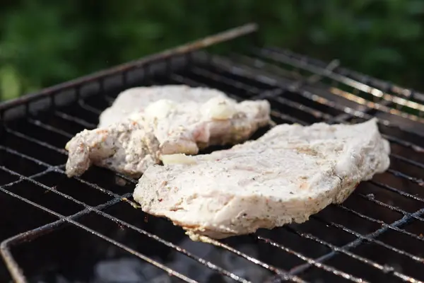 Viande crue à la marinade et épices sur le gril . — Photo