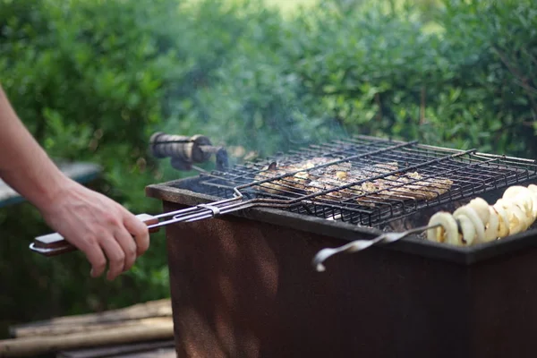 De gros morceaux de steaks de viande sont cuits sur le gril dans le parc — Photo