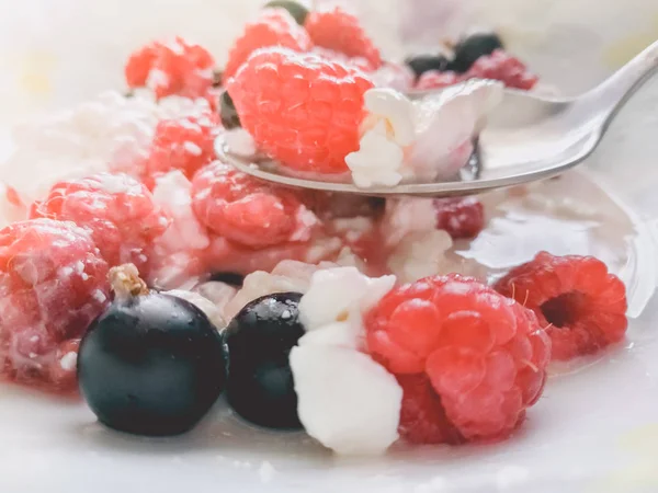 Quark mit Himbeeren und schwarzen Johannisbeeren — Stockfoto