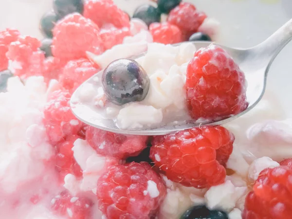 Quark mit Himbeeren und schwarzen Johannisbeeren — Stockfoto