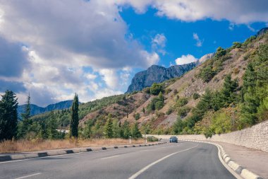 Güneşli bir yaz gününde asfalt yolda. 