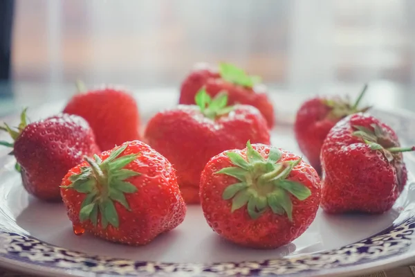 Fragole grandi in un piatto con un confine azzurro . — Foto Stock