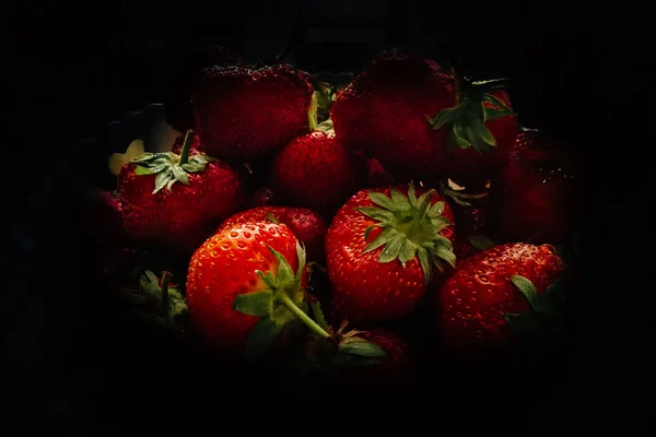 Fragole grandi in un piatto con un confine azzurro . — Foto Stock