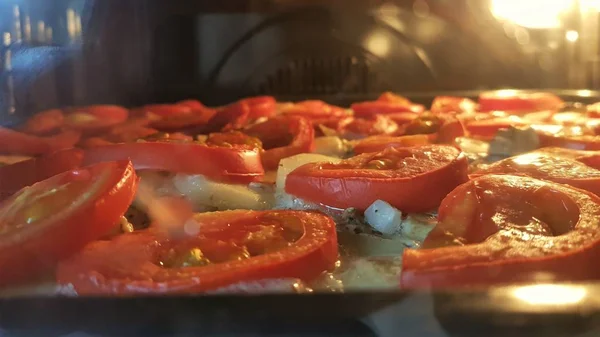 Slices of tomato, potatoes, champignons baked in the oven — Stock Photo, Image