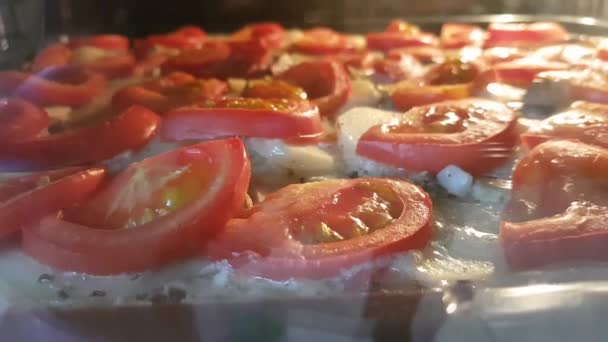 Tomaten Kartoffeln Ofen Gebackene Champignons Aus Nächster Nähe Backprozess — Stockvideo