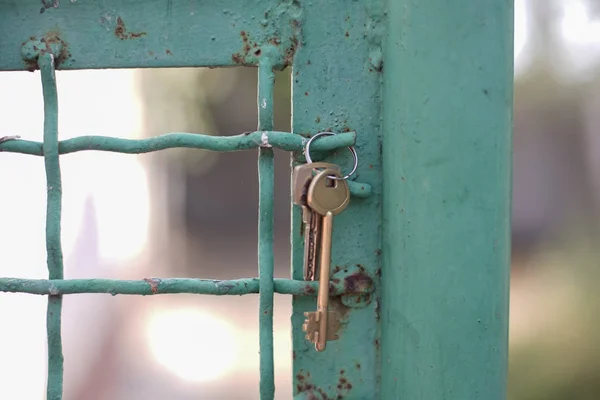 Manojo de dos llaves colgando de una vieja cerca de hierro verde . — Foto de Stock