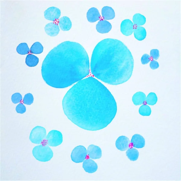 Blaue Aquarellblumen auf weißem Papier, Blumenwiese Pinselzeichnung. — Stockfoto