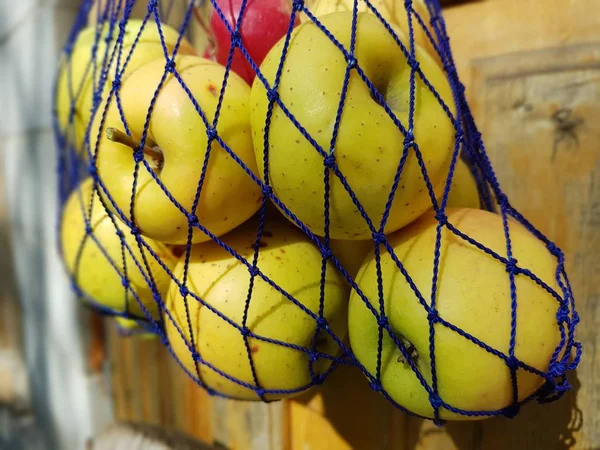 Maçãs maduras no saco de malha azul na porta, foco seletivo — Fotografia de Stock