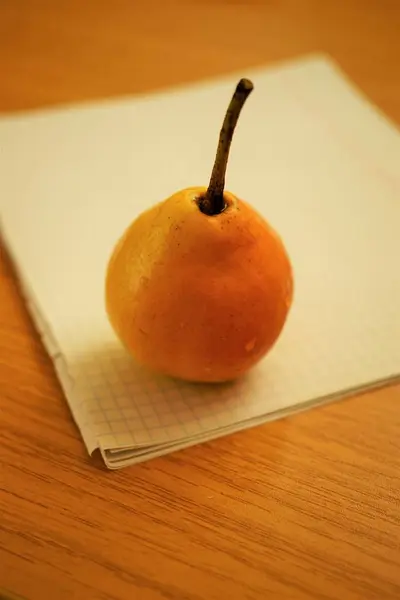 Fruta de pêra madura de laranja em um caderno de papel branco em uma jaula — Fotografia de Stock