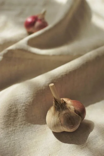 Zwei Knoblauchzwiebeln auf einem Leinentischtuch — Stockfoto