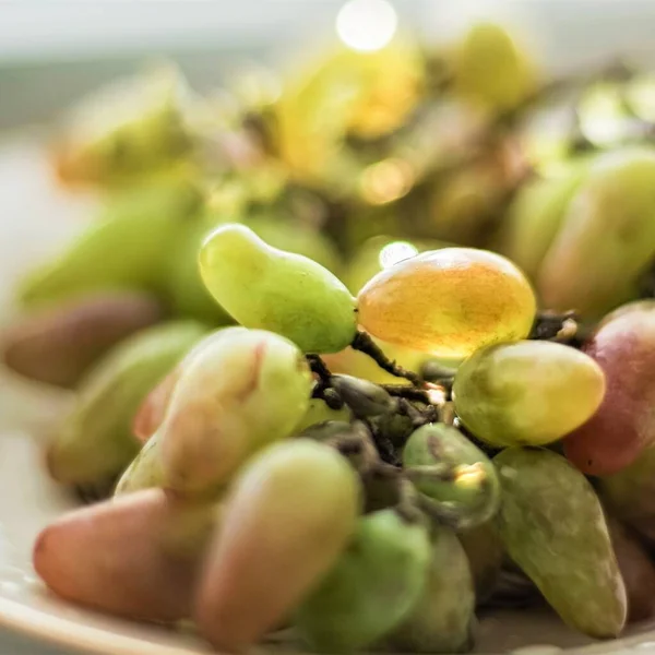 Cacho de uvas jaz em um prato, lindamente iluminado pela luz solar — Fotografia de Stock