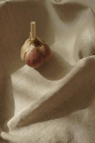 Knoblauchknolle auf einer Vintage-Tischdecke aus Leinen. — Stockfoto