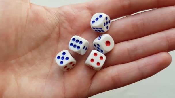 Closeup Five Dices Hand White Background — Stock Video