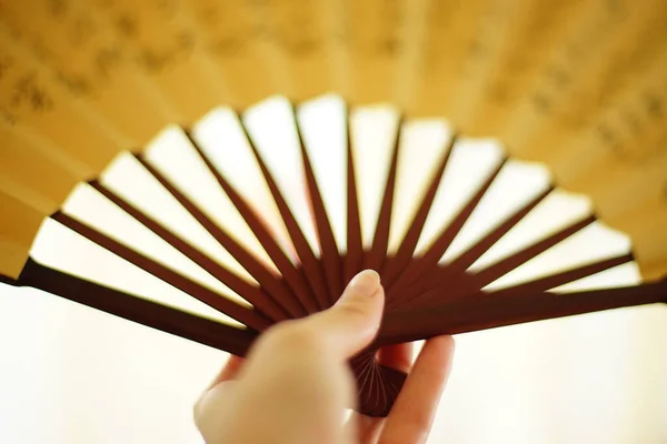 Fan in Chinese style in a female hand close-up on a white background.