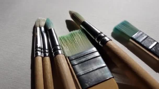 Beyaz Tuvalde Boyamak Için Farklı Fırçalar Yakın Plan — Stok video