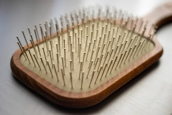 Wooden Massage Hair Brush Iron Bristles Macro Side View Shiny — Stock Photo, Image