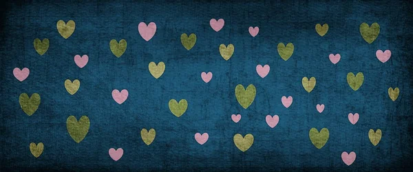 Koyu Mavi Üzerinde Birçok Pembe Altın Zeytin Rengi Kalp Deseni — Stok fotoğraf
