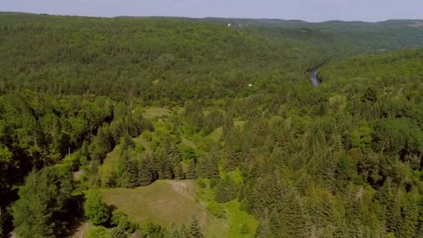 Flygfoto panorama över berg, skog och flod landskap — Stockvideo