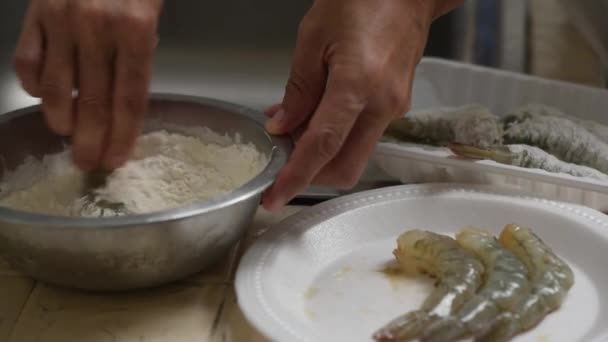 Putting Prawn Tempura Flour Making Fried Prawn Ball — Stock Video