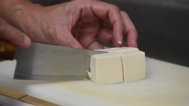 Using Kitchen Knife Slicing Soft White Tofu Cutting Board — Stock Video