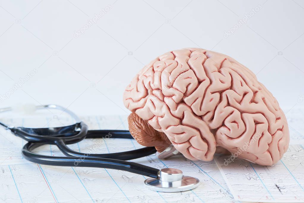 Human brain model and a black stethoscope on background of brain waves from electroencephalography