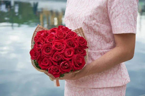 Woman Holding Beautiful Bouquet Red Roses — Stock Photo, Image