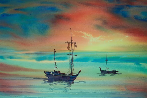 ภาพวาดสีน้ําของเรือหางยาวในทะเล — ภาพถ่ายสต็อก