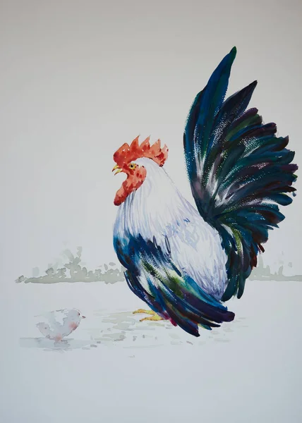 美丽母鸡和小鸡的水彩画 — 图库照片