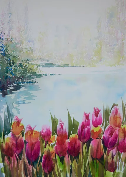 Akwarela malowanie tulipanów w ogrodzie — Zdjęcie stockowe