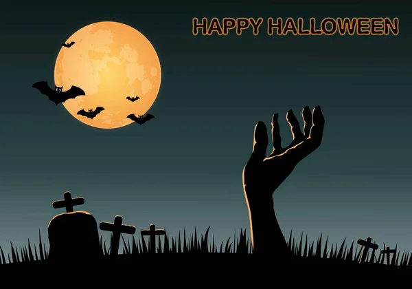 Frohes Halloween Hand Erhebt Sich Vom Friedhof Vollmond Hintergrund — Stockvektor