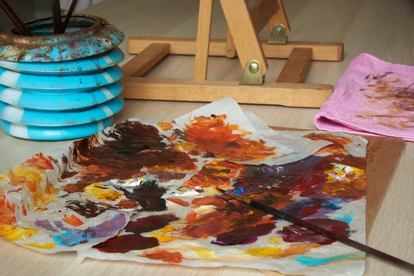 Penselen Acrylverf Werkgereedschap Tafel Thuis Schilderen — Stockfoto