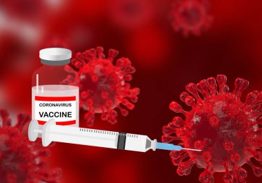 Coronavirus aşısı ve iğneli şırınga. Arkaplan 3D mikroskobik koronavirüs görüntüsü.