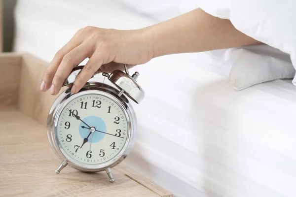 Close Man Hand Try Stop Alarm Clock Morning — Stock Photo, Image