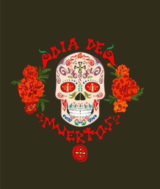 T-shirt print with mexican sugar skull, dia de muertos hand drawing lettering and marigold for day of death on black background clipart